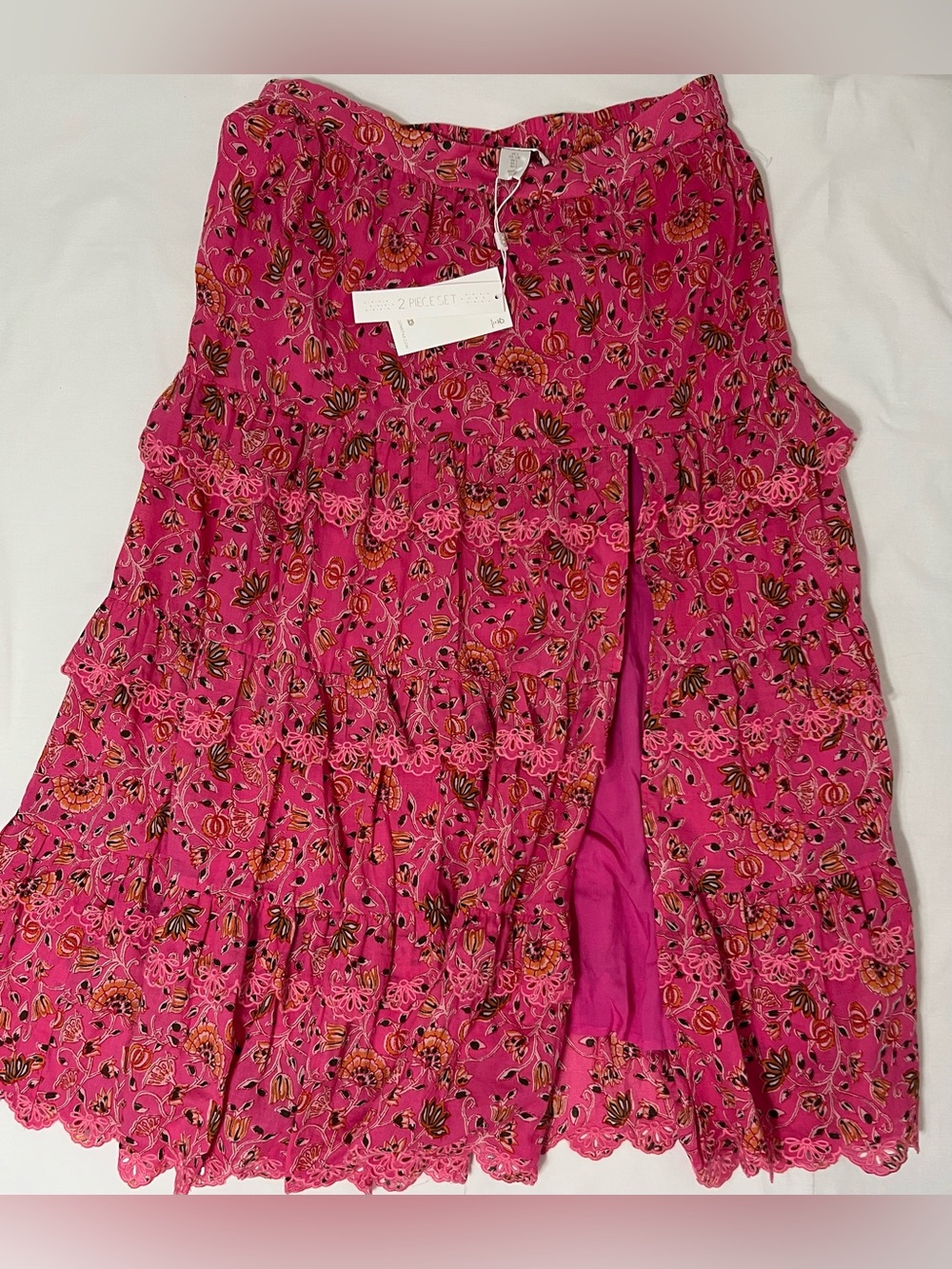 NWT Caroline Constas Pink Floral Cotton 2-Piece Set Crop Top Tiered Midi Skirt - Picture 6 of 17